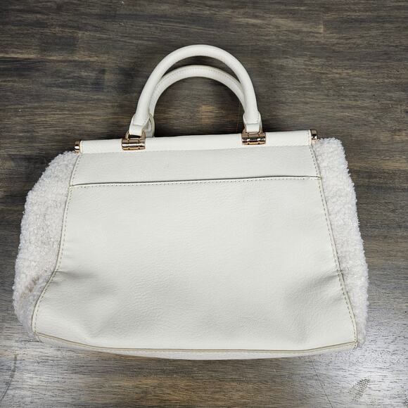 Lauren Conrad Ivory Sherpa Side Faux Leather Satchel Bag Gold Hardware Winter - Picture 4 of 9